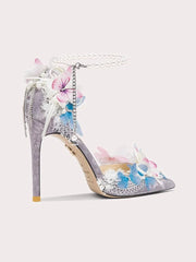 Lolita heels with pearl strap and multi-color floral details
