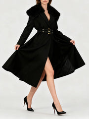 Black belted trench coat with soft fur collar