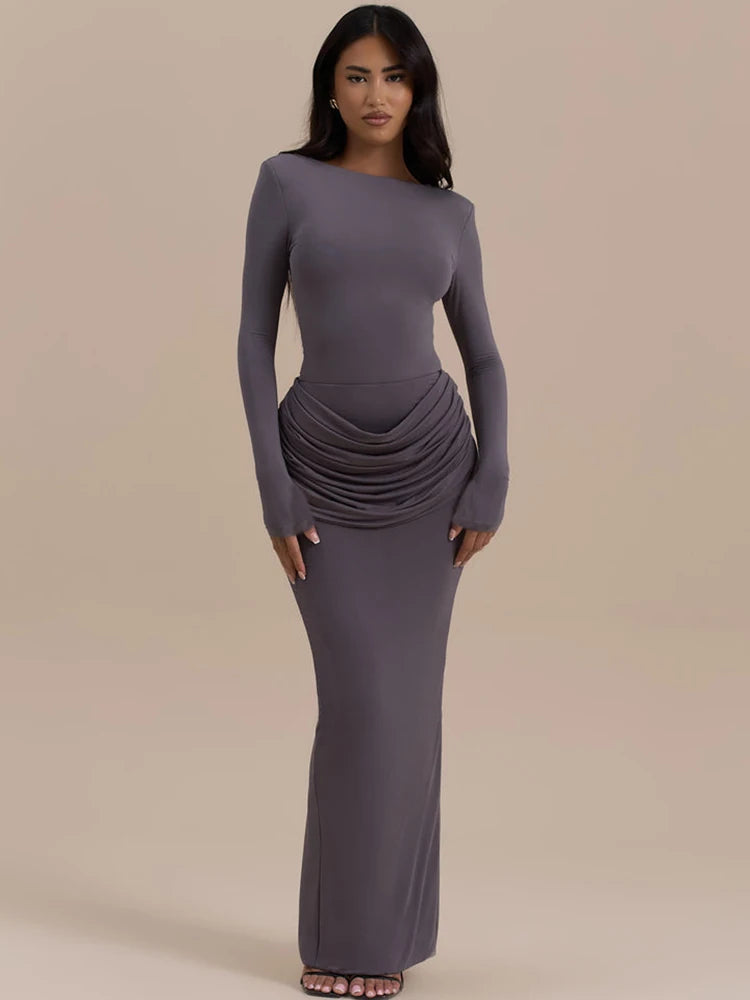 Long ruched grey gown for formal events and parties