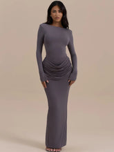 Long ruched grey gown for formal events and parties