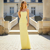 Floor-length satin mermaid gown with strapless neckline styled for a formal party look