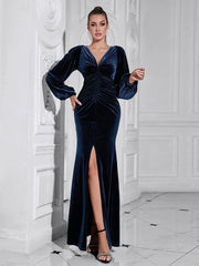 Long sleeve ankle length split gown with diamond accents