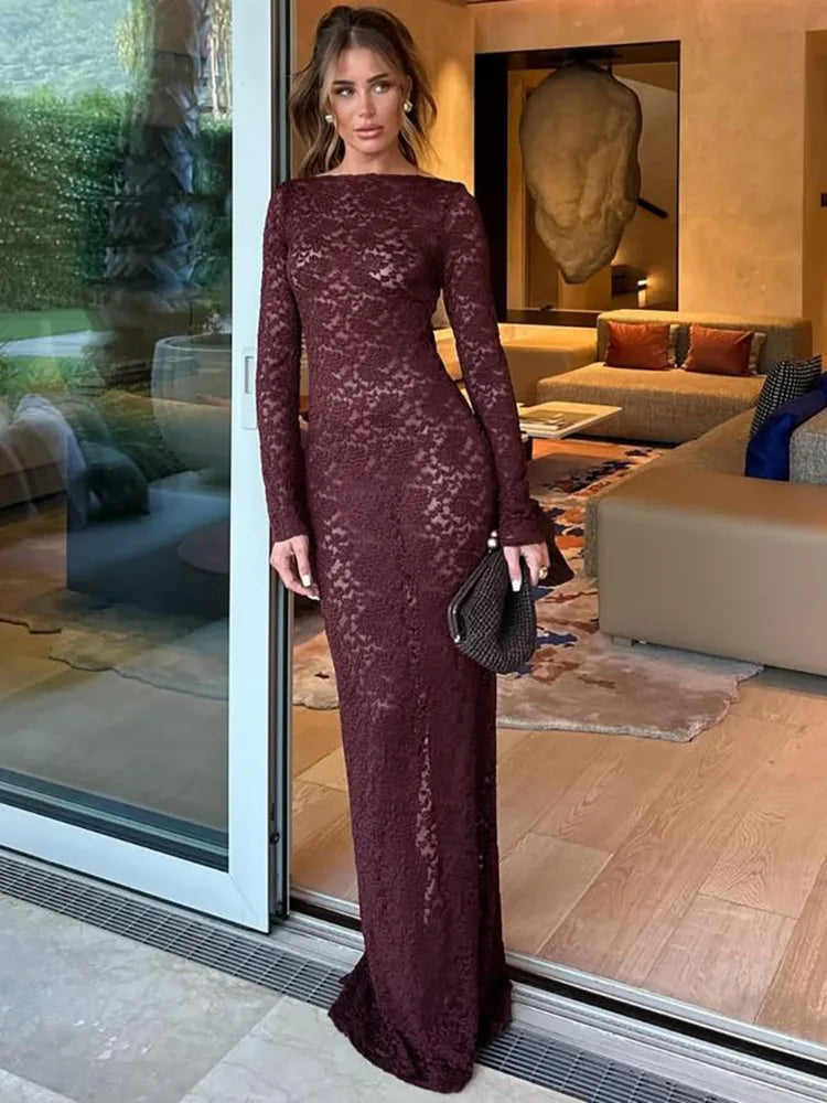 Front view of long-sleeve cutout bodycon evening dress, floor length