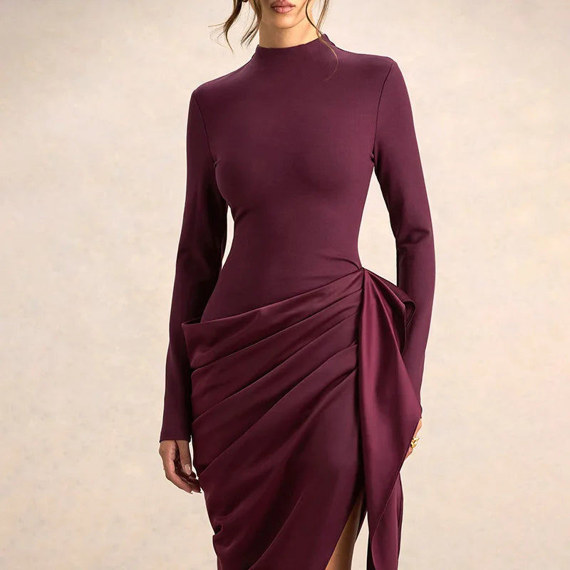 Asymmetrical draped skirt detail on slim fit midi dress