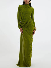 Draped long sleeve evening maxi dress in green on a white background