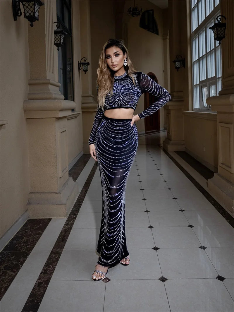 Long sleeve crop top and skirt set for parties and celebrations