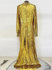 Long sleeve stand collar gown with luminous textured surface