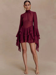 Tiered ruffle mini dress in sheer mesh with elegant drape