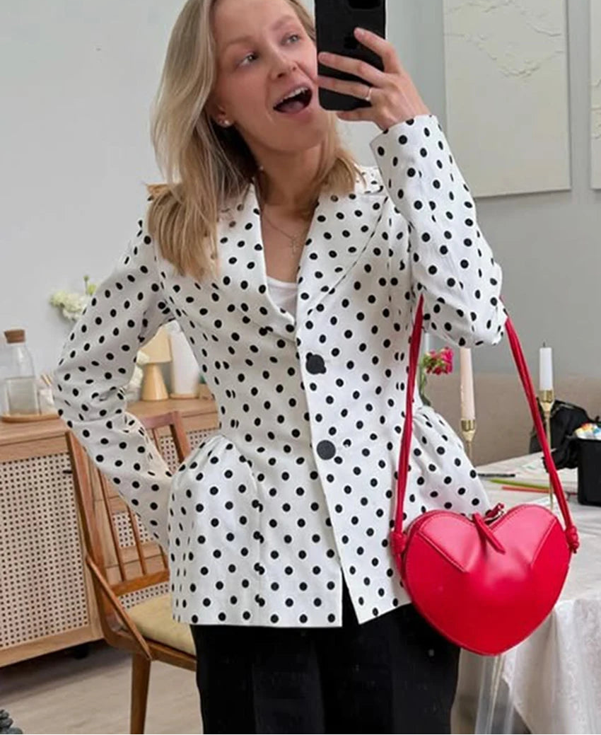 Loose city chic polka blazer featured for modern business casual looks