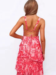 Low-back view of printed ruffle maxi dress