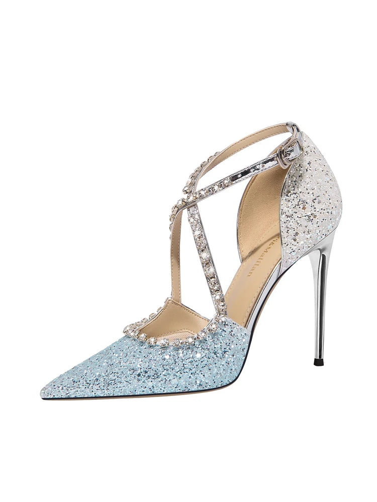 Luxury blue sequin high heel sandals for banquets