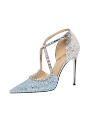 Luxury blue sequin high heel sandals for banquets