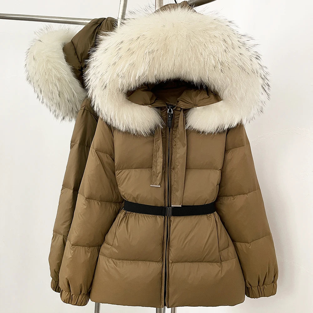 Wide-waisted down coat with statement fur trim
