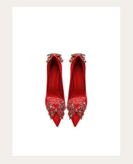 Luxury handmade red party heels with pointed toe and thin heel