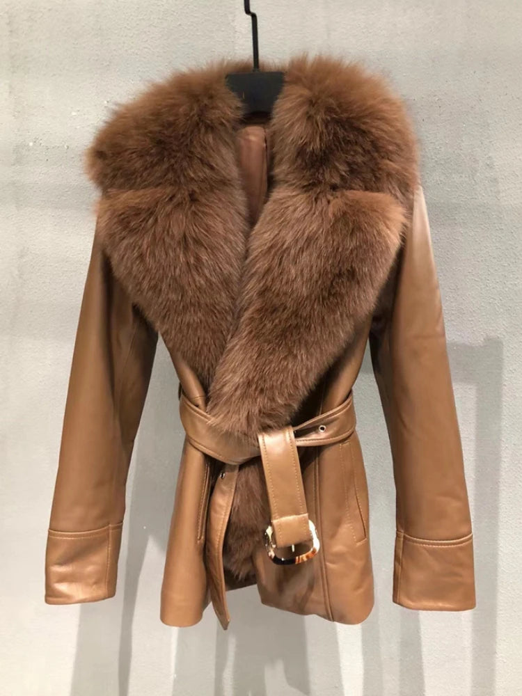 Genuine leather coat with plush fox fur collar