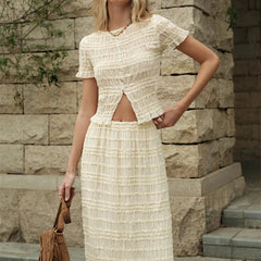 Summer co-ord set featuring ankle-length ruched skirt and short sleeve top