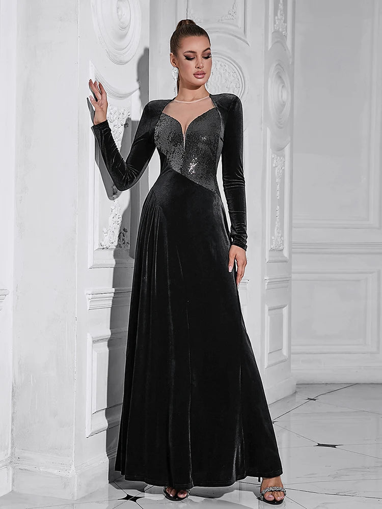Mesh patchwork glitter formalwear gown for women