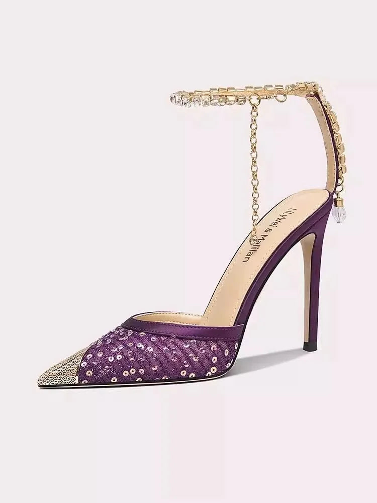 Mesh pointed cocktail shoes with metallic and crystal embellishments