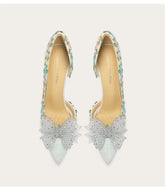 Mesh high heel pumps with rhinestone bow design