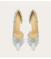 Mesh high heel pumps with rhinestone bow design