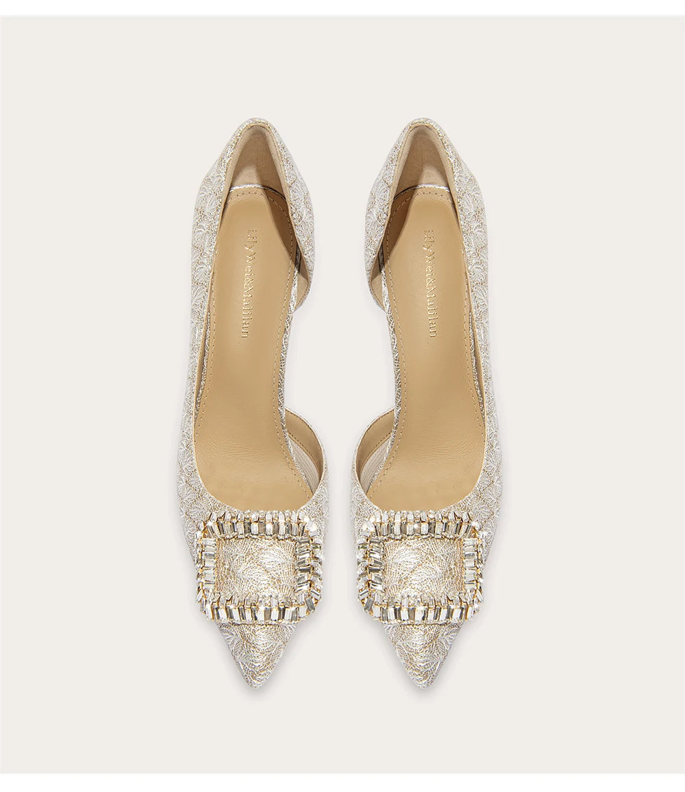 Mesh pointed toe heels with rhinestone accents