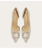 Mesh pointed toe heels with rhinestone accents