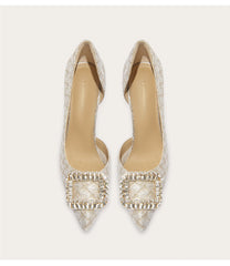 Mesh pointed toe heels with rhinestone accents