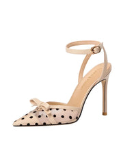 Mesh stiletto party sandals in beige with pointed toe and bow