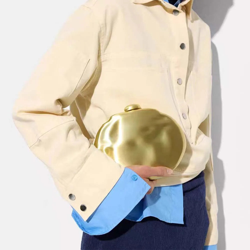 Metallic evening crossbody purse on a plain white background