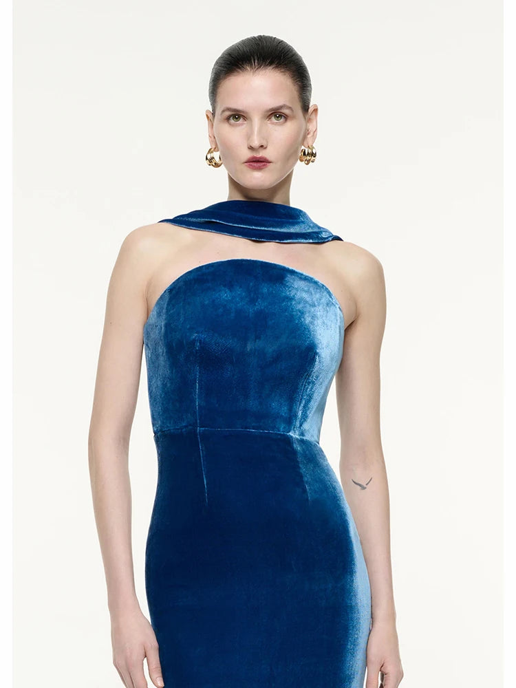 Mid-calf sexy club party dress in blue velvet