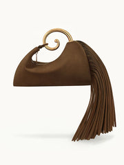 Mini faux suede frame bag with ring handle and long fringe tassel