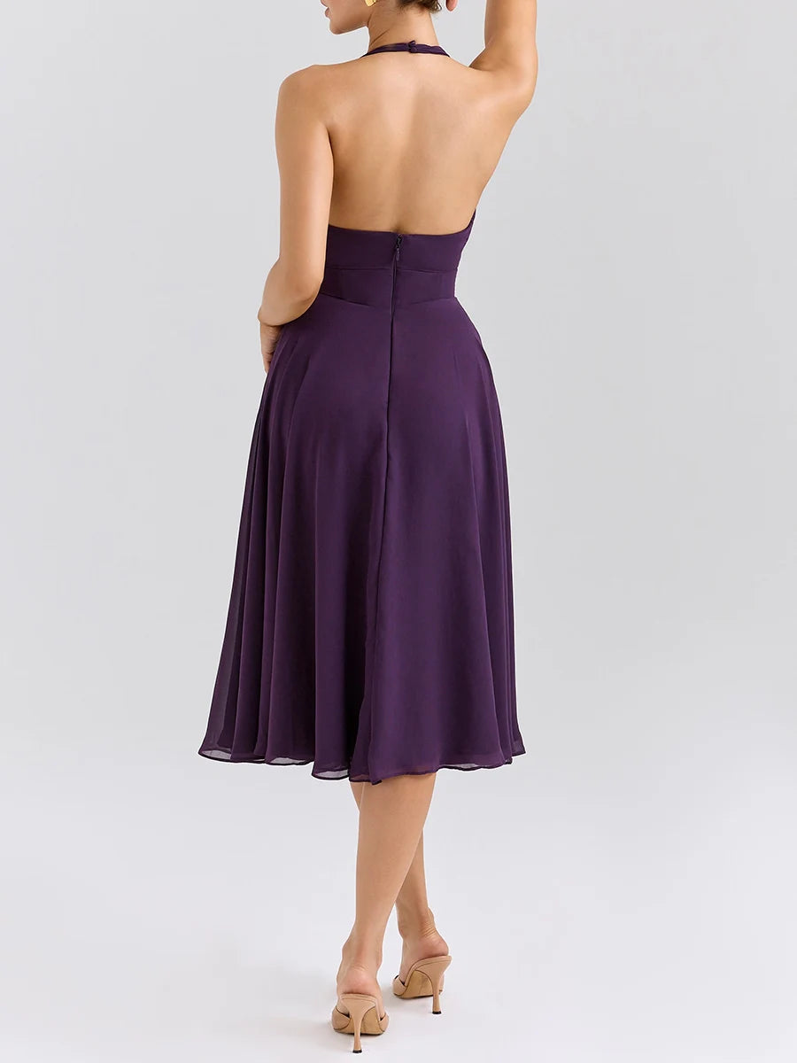 Minimalist a-line purple event dress in woven fabric for chic occasions