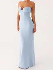 Minimalist blue tube maxi dress with statement neckline
