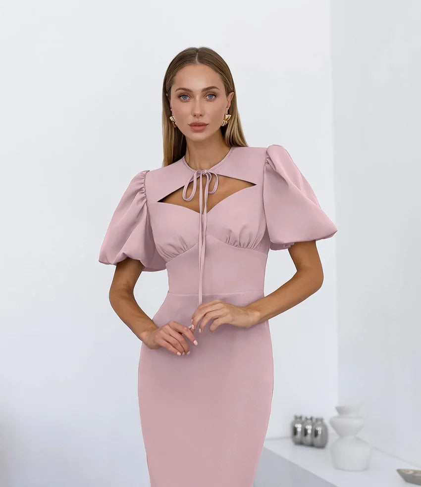 Minimalist maxi silhouette with refined lace-up neckline detail