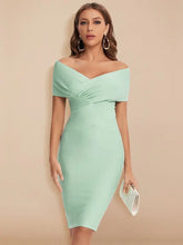 mint off shoulder bandage dress with sculpted Bardot neckline