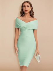 mint off shoulder bandage dress with sculpted Bardot neckline