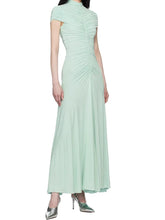Mint green ankle-length sheath dress with stand collar and pleated bodice