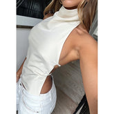 Silky mock neck halter blouse in white with three-button detail
