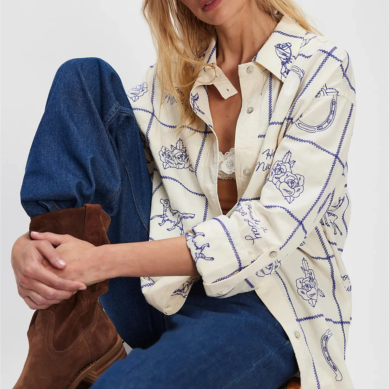 Button-up shirt with blue modern graphic pattern and cropped fit