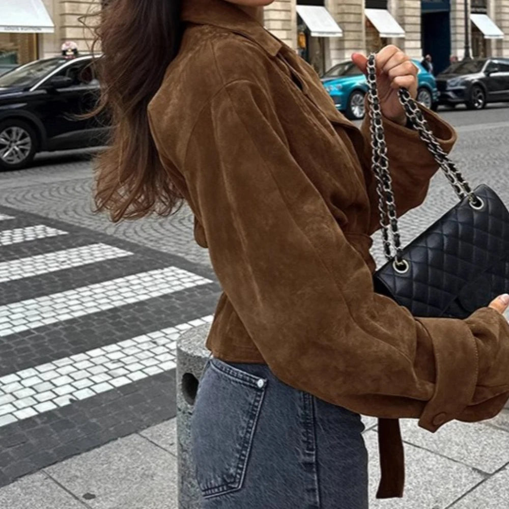 Modern brown suede jacket perfect for chic autumn and winter outfits