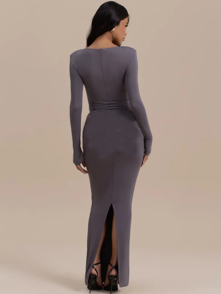 Modern dark gray maxi gown perfect for evening events