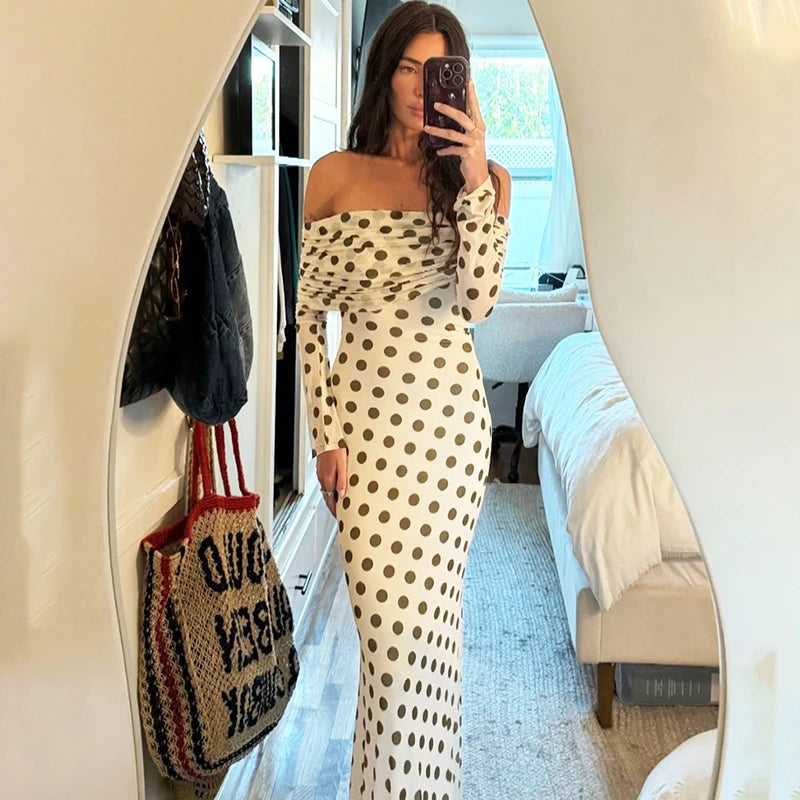 Modern polka dot off-shoulder dress for resort evenings and dinner parties
