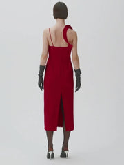 Modern red midi dress shown for art event and gallery-inspired style