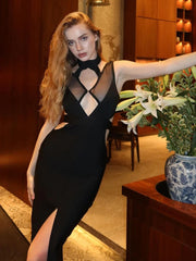 Modern sexy black club wear dress with mesh overlays