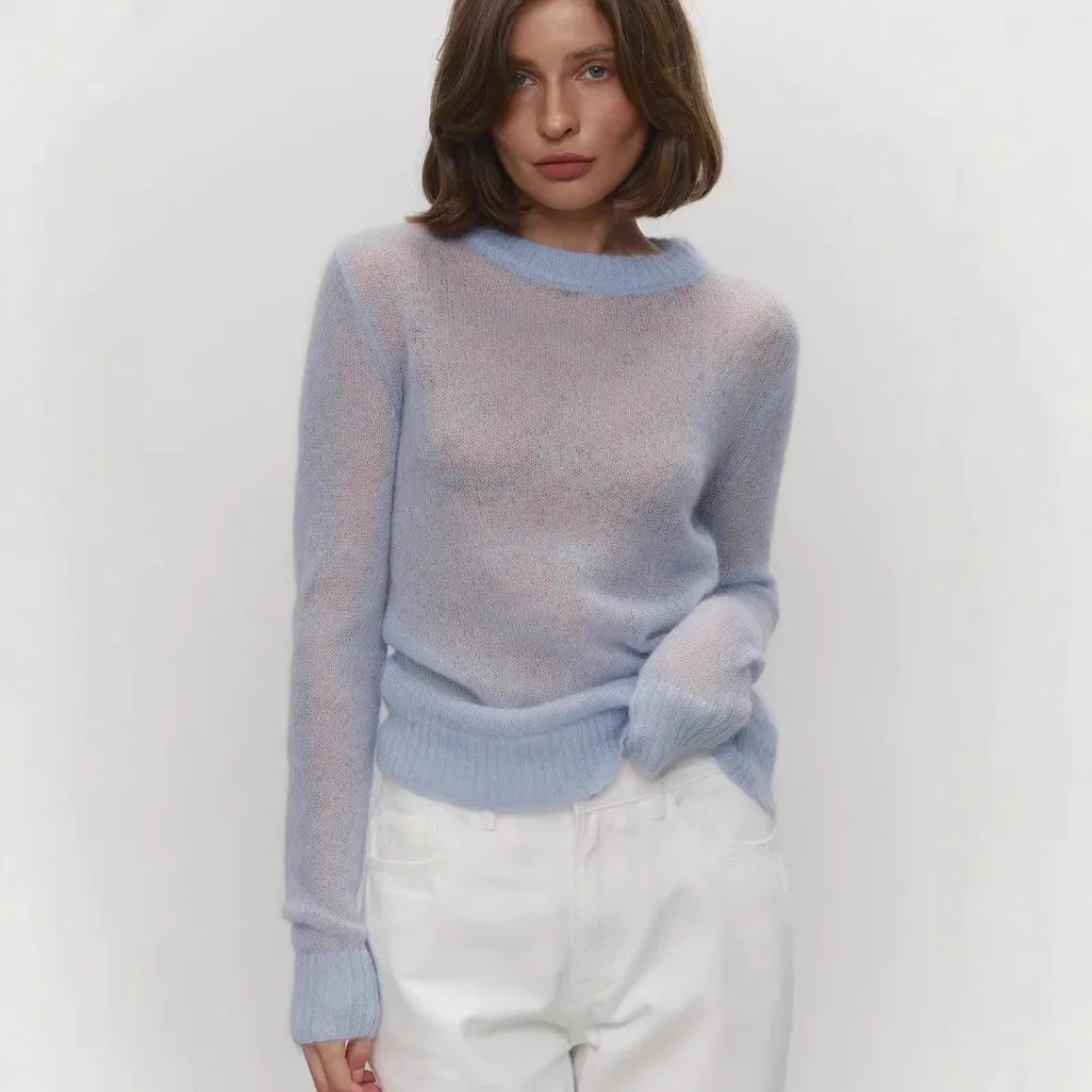 Loose mohair-blend open-knit sweater top with O-neck and full sleeves
