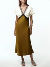 Mustard lace trim v-neck midi dress styled for vintage autumn chic