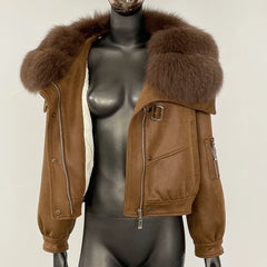 Short brown jacket with natural fox fur collar