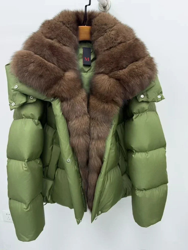 Luxury puffer jacket with natural fur trim