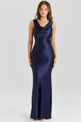 Navy cowl neck evening gown styled for formal events and summer weddings