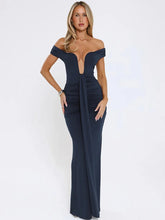 Navy off-shoulder floor-length maxi dress with draped neckline